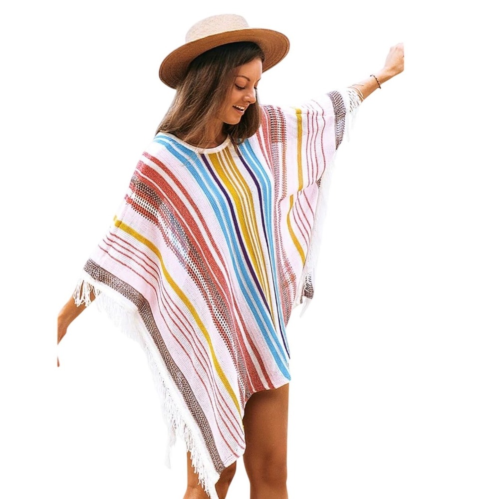 Cupshe Damen Multi Color Striped Poncho Swim Cover Up Fringe OS NEW